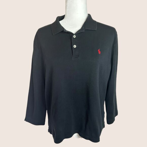 🖤 XL RALPH LAUREN SPORT 100% COTTON BLACK POLO RED LOGO EMBLEM 3/4 SLEEVES VTG - Picture 2 of 8
